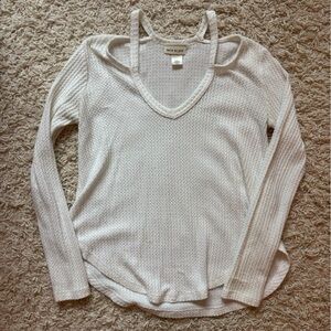 Belle Du Jour Waffle-Knit White Sweater with Cut Out Detailing at Shoulders